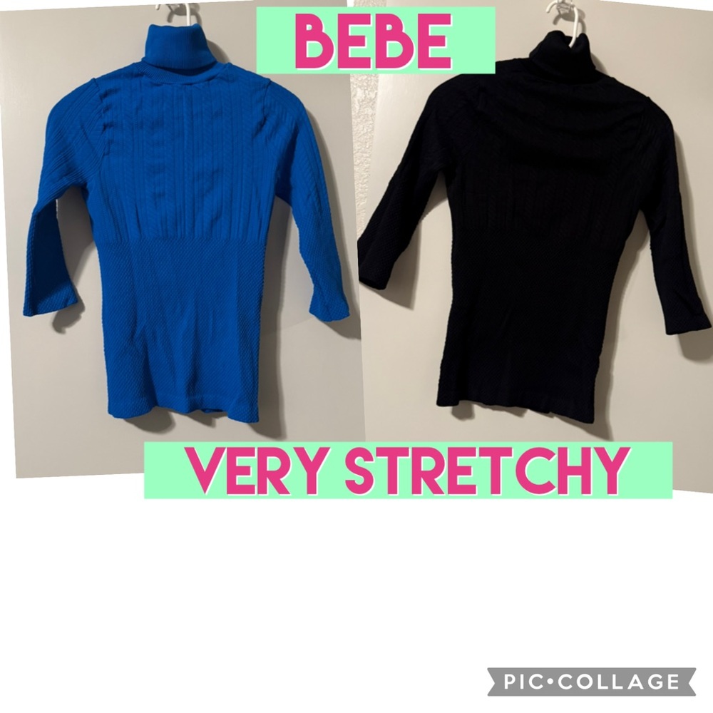 2 bebe tops; Blue & Black 3/4 sleeve turtlenecks; FITTED; STRETCHY; M/L